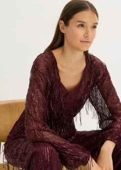 bonprix bonprix Blusa con lentejuelas y flecos rojo burdeos New