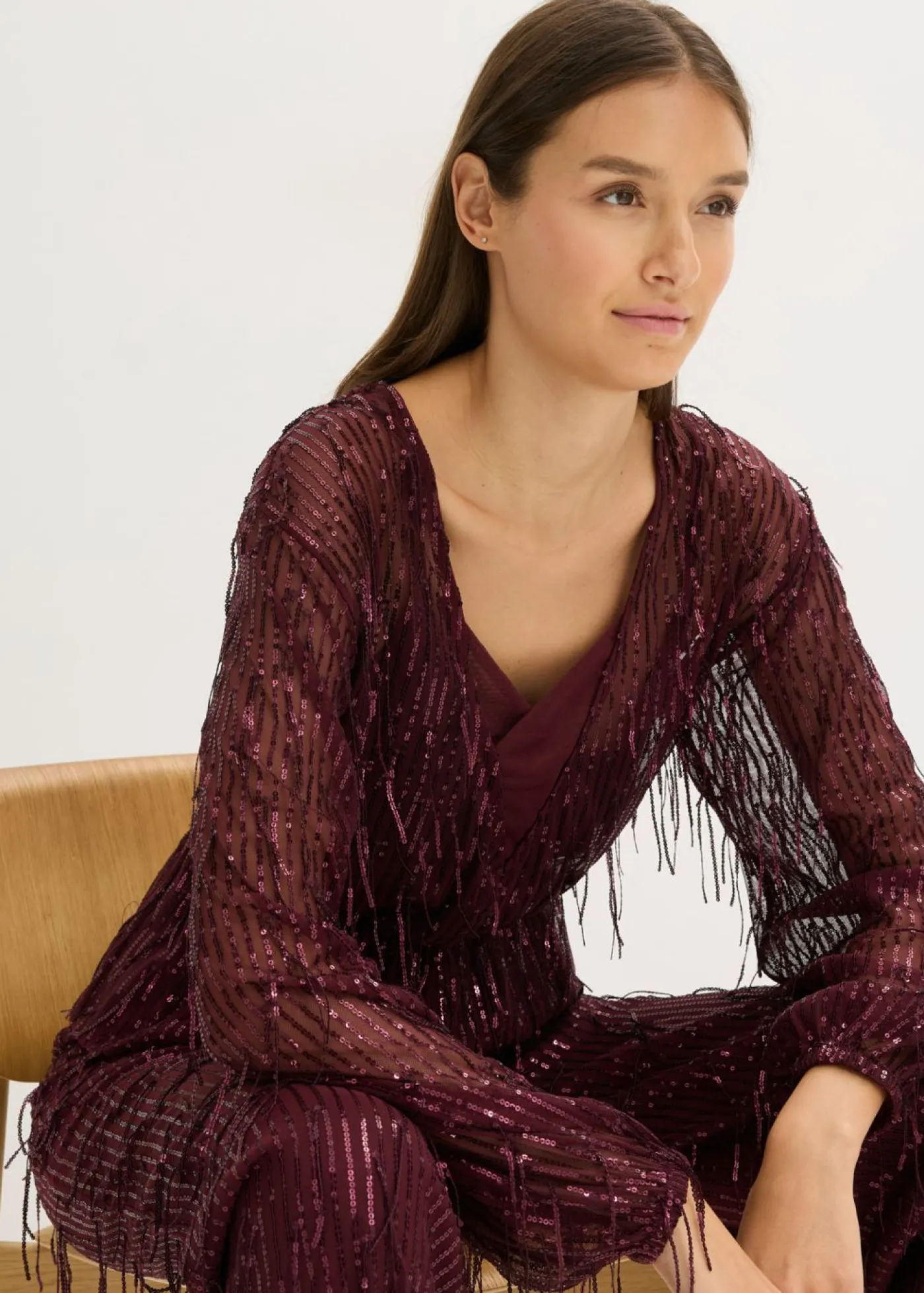 bonprix bonprix Blusa con lentejuelas y flecos rojo burdeos New