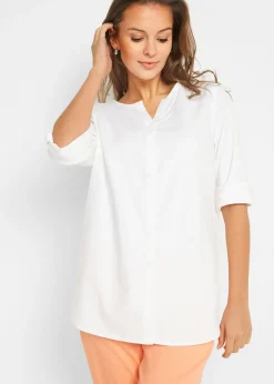 bonprix bonprix Blusa con lino y mangas 3/4 Blanco Online