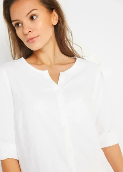 bonprix bonprix Blusa con lino y mangas 3/4 Blanco Online
