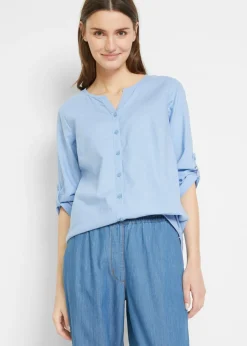 bonprix bonprix Blusa con lino y mangas 3/4 Azul perla Outlet