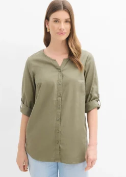 bonprix bonprix Blusa con lino y mangas 3/4 Verde oliva Outlet