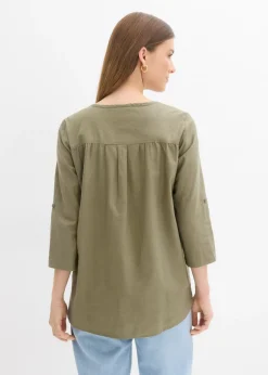 bonprix bonprix Blusa con lino y mangas 3/4 Verde oliva Outlet