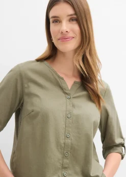 bonprix bonprix Blusa con lino y mangas 3/4 Verde oliva Outlet