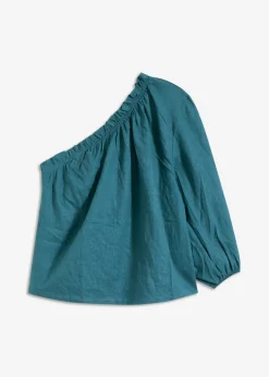bonprix bonprix Blusa con un hombro al descubierto y contenido de lino verde pimiento New