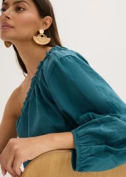bonprix bonprix Blusa con un hombro al descubierto y contenido de lino verde pimiento New