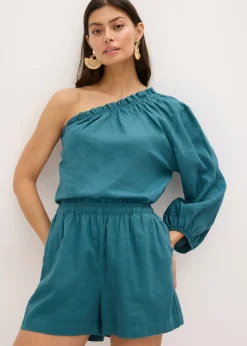 bonprix bonprix Blusa con un hombro al descubierto y contenido de lino verde pimiento New
