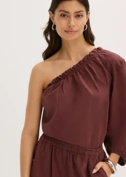bonprix bonprix Blusa con un hombro al descubierto y contenido de lino Café Discount