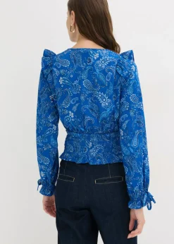 bonprix bonprix Blusa con volantes y nido de abeja Azul ártico con patrón paisley Hot