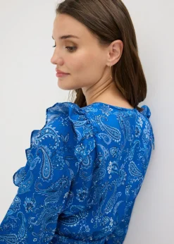 bonprix bonprix Blusa con volantes y nido de abeja Azul ártico con patrón paisley Hot