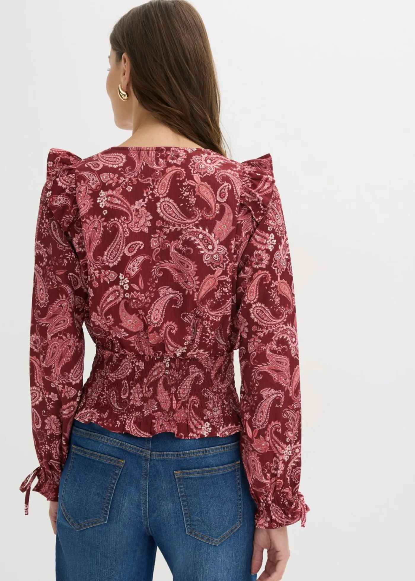 bonprix bonprix Blusa con volantes y nido de abeja Rojo rubí con patrón paisley Online
