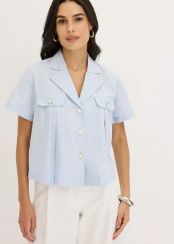 bonprix bonprix Blusa corta de popelín de algodón con manga corta azul pálido Discount