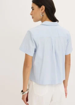 bonprix bonprix Blusa corta de popelín de algodón con manga corta azul pálido Discount