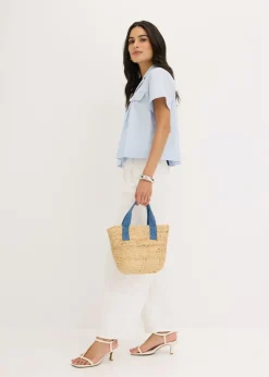 bonprix bonprix Blusa corta de popelín de algodón con manga corta azul pálido Discount