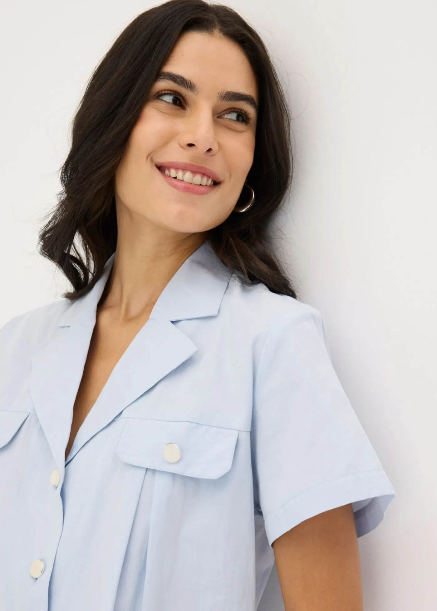 bonprix bonprix Blusa corta de popelín de algodón con manga corta azul pálido Discount
