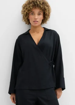 bonprix bonprix Blusa cruzada de mezcla de lino Negro Outlet