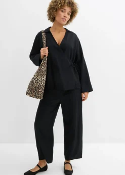 bonprix bonprix Blusa cruzada de mezcla de lino Negro Outlet
