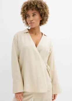 bonprix bonprix Blusa cruzada de mezcla de lino Arena claro Outlet