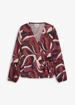 bonprix bonprix Blusa cruzada de satén fluido Rojo burdeos-beige mate estampado Outlet