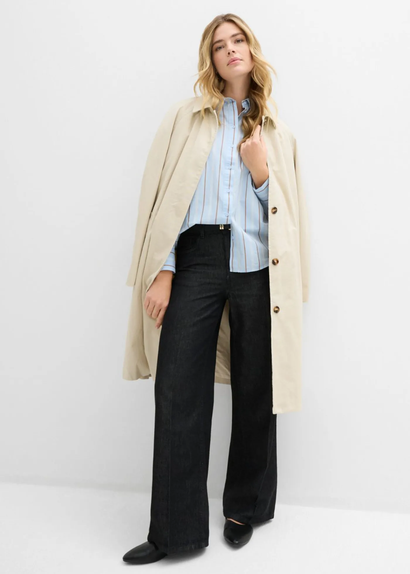 bonprix bonprix Blusa de algodón puro azul pálido-blanco lana-marrón castaño-arena claro rayas verticales Sale