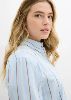 bonprix bonprix Blusa de algodón puro azul pálido-blanco lana-marrón castaño-arena claro rayas verticales Sale