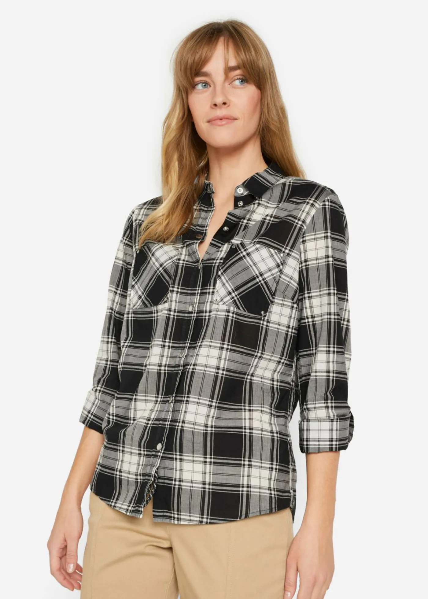 bonprix bonprix Blusa de cuadros de algodón puro Negro-blanco a cuadros New