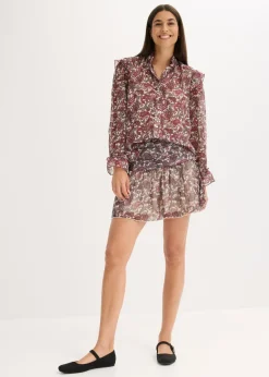 bonprix bonprix Blusa de gasa gris guijarro-rojo azalea-verde oliva oscuro Hot