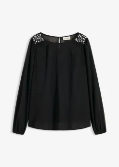 bonprix bonprix Blusa de gasa con adornos de piedras brillantes Negro Clearance