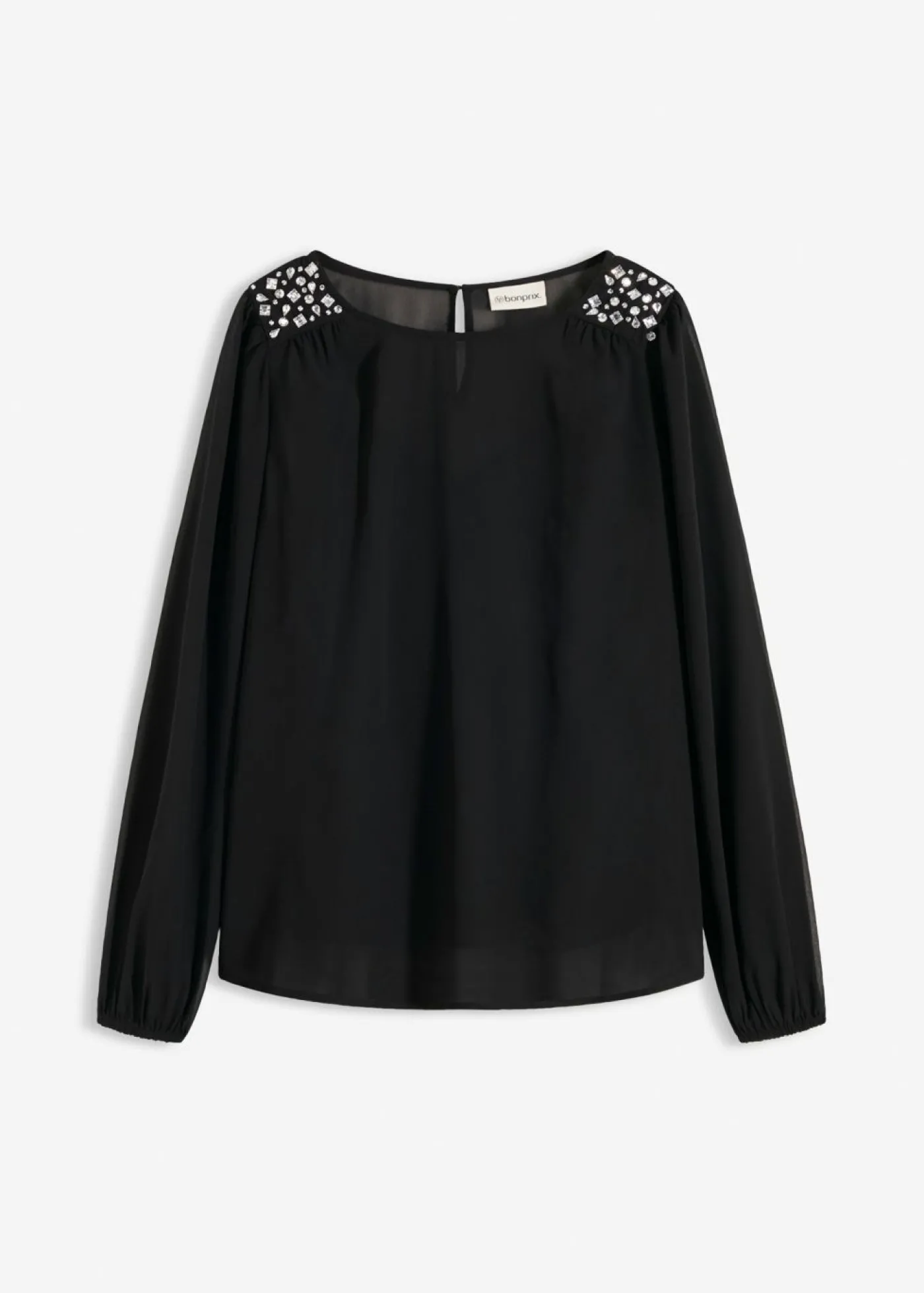 bonprix bonprix Blusa de gasa con adornos de piedras brillantes Negro Clearance