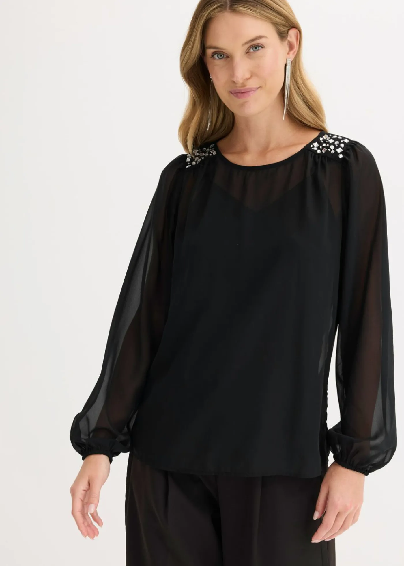 bonprix bonprix Blusa de gasa con adornos de piedras brillantes Negro Clearance