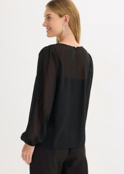bonprix bonprix Blusa de gasa con adornos de piedras brillantes Negro Clearance