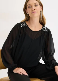 bonprix bonprix Blusa de gasa con adornos de piedras brillantes Negro Clearance