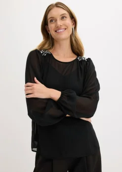 bonprix bonprix Blusa de gasa con adornos de piedras brillantes Negro Clearance