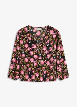 bonprix bonprix Blusa de gasa con fruncido en el bajo Negro de flores Best