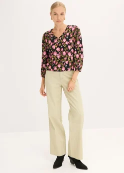 bonprix bonprix Blusa de gasa con fruncido en el bajo Negro de flores Best