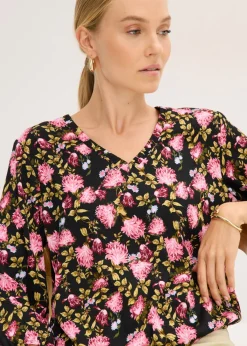 bonprix bonprix Blusa de gasa con fruncido en el bajo Negro de flores Best
