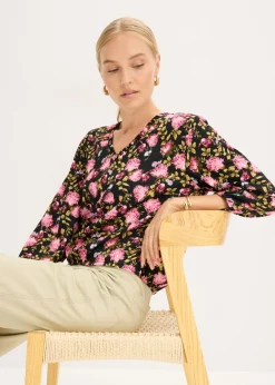 bonprix bonprix Blusa de gasa con fruncido en el bajo Negro de flores Best