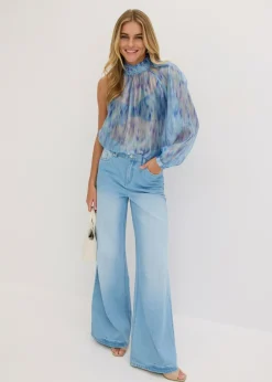 bonprix bonprix Blusa de gasa con un hombro al descubierto Azul Online