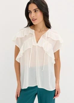 bonprix bonprix Blusa de gasa con volantes Blanco lana