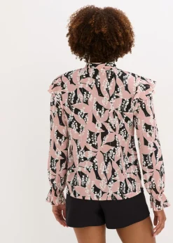 bonprix bonprix Blusa de gasa con volantes Negro-rosa palo Outlet