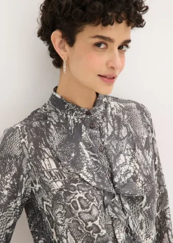 bonprix bonprix Blusa de gasa con volantes piel de serpiente negro-blanco perla Sale