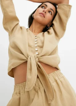 bonprix bonprix Blusa de lino Beige nuevo Online