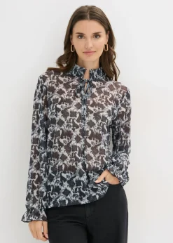 bonprix bonprix Blusa de malla fina Negro-blanco lana con patrón paisley Sale