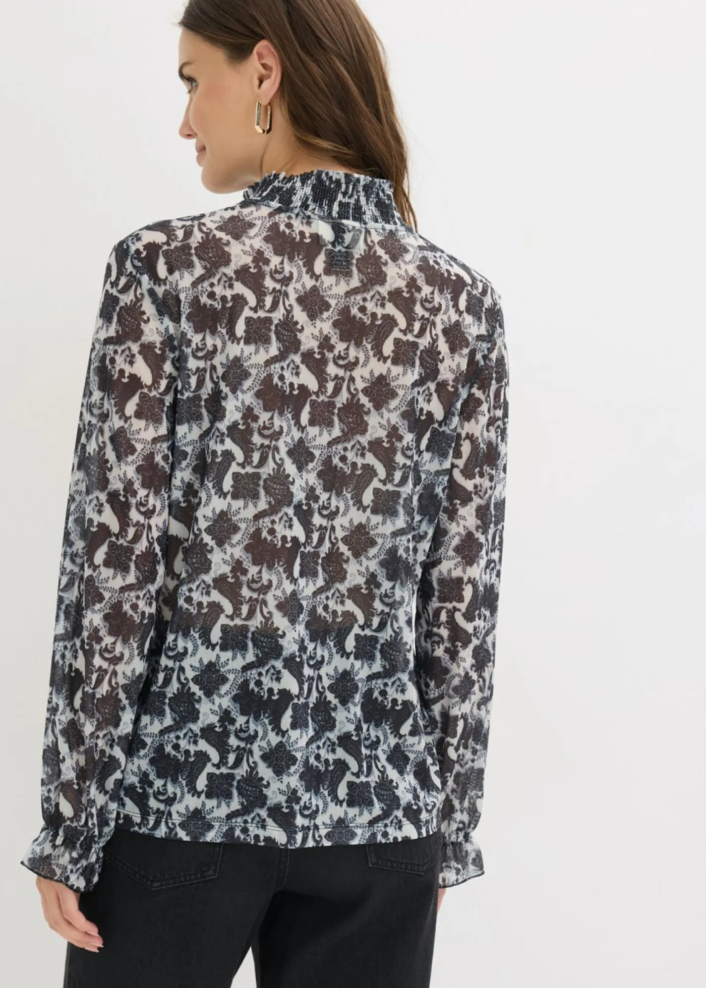 bonprix bonprix Blusa de malla fina Negro-blanco lana con patrón paisley Sale
