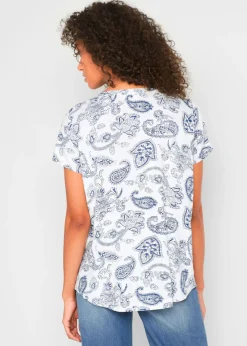 bonprix bonprix Blusa de manga corta Blanco lana-añil con patrón paisley Online