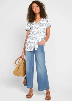 bonprix bonprix Blusa de manga corta Blanco lana-añil con patrón paisley Online