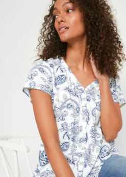 bonprix bonprix Blusa de manga corta Blanco lana-añil con patrón paisley Online