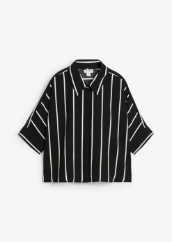 bonprix bonprix Blusa de manga corta con crepé estructurado Negro-blanco lana de rayas Clearance