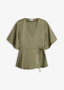bonprix bonprix Blusa de manga corta con escote pronunciado Verde oliva