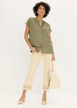 bonprix bonprix Blusa de manga corta con botones ocultos Oliva Discount